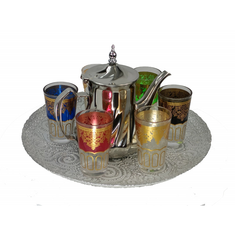 Juego de té marroqui 6 vasos + tetera grande 6 + bandeja de35 cm mano de  fatimí multicolor - Kenta Artesanía Marroquí