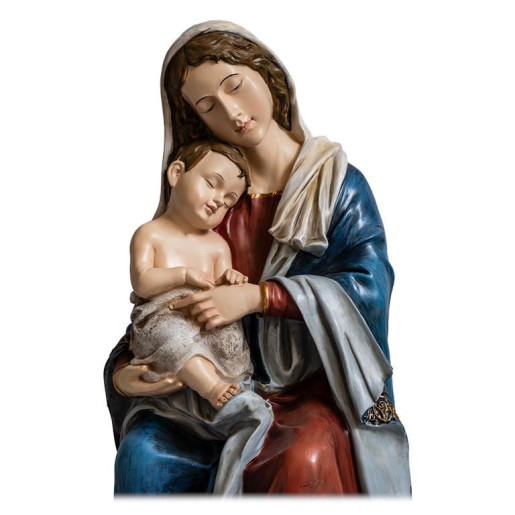Figura de la Virgen Maria sentada con el niño en las rodillas