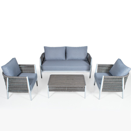 Set 2 sillones, sofa y mesa centro gris y azulado