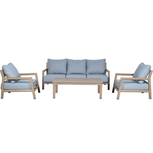 Set 2 sillones, sofa y mesa centro natural y azulado