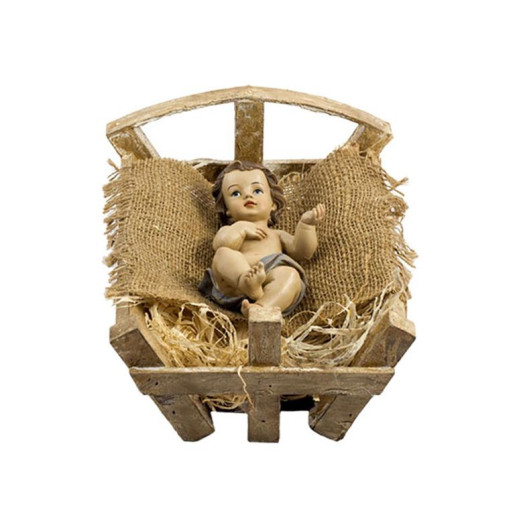 Niño Jesus en Cuna de Madera de Resina Pintado a Mano de 22 cm