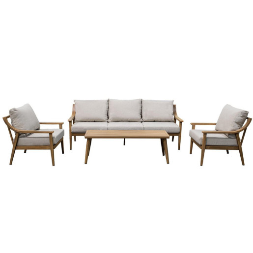 Set sofa + 2 sillones y mesa beige y natural