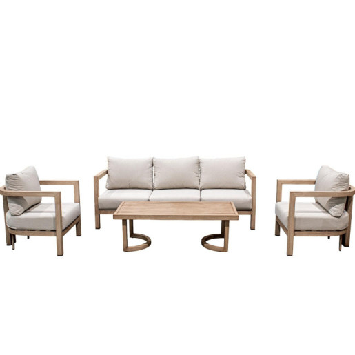 Set sofa + 2 sillones y mesa beige y natural