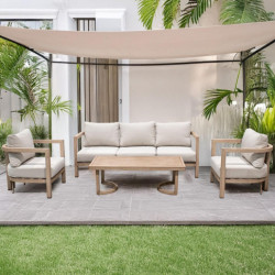 Set sofa + 2 sillones y mesa beige y natural