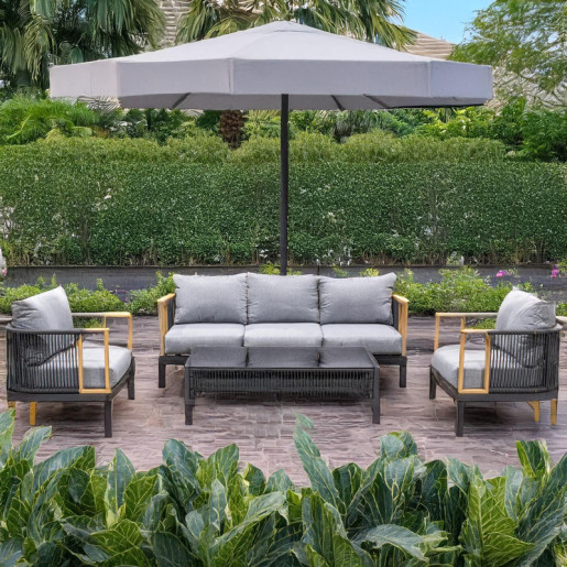Set sofa + 2 sillones y mesa negro y gris