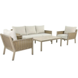 Set sofa + 2 sillones y mesa beige y natural