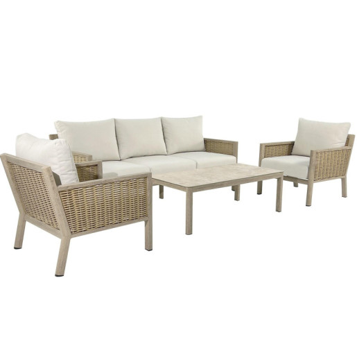 Set sofa + 2 sillones y mesa beige y natural