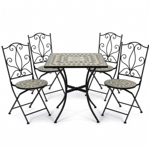 Set mesa y 4 sillas negro, verde y piedra