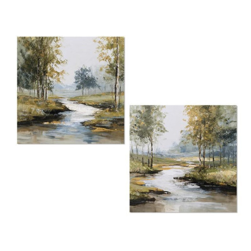 Set 2 cuadros lienzo verde, blanco y marron